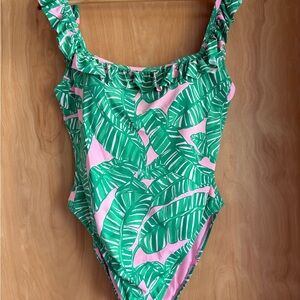 EUC Lilly Pulitzer Aemma Ruffle One-Piece Swimsuit Conch Shell Pink Bananas 14
